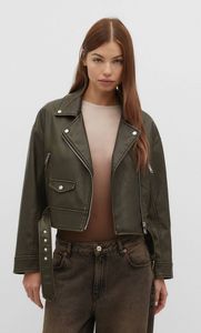 Distressed faux leather biker jacket offers at S$ 49.99 in Stradivarius