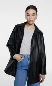 Above-the-knee faux leather coat offers at S$ 59.99 in Stradivarius