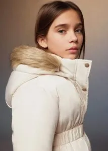 Faux fur hood coat offers at S$ 69.9 in Mango Kids