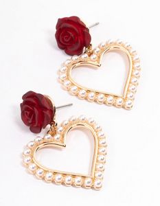 Red Rose Drop Pearly Heart Earrings offers at S$ 5 in Lovisa