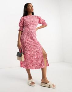 Influence flutter sleeve midi tea dress in red ditsy floral print offers at S$ 20 in asos