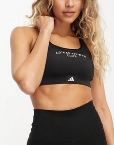 Adidas Training Sports Club graphic mid support sports bra in black offers at S$ 27 in asos