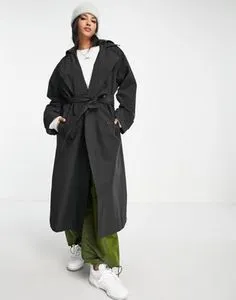 ASOS DESIGN trench coat with faux leather hood in black offers at S$ 37 in asos