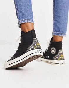 Converse Chuck Taylor All Star Hi floral embroidery trainers in black offers at S$ 65 in asos