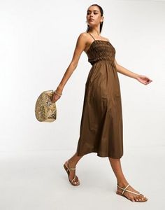 Lola May shirred cotton poplin midi dress with cross back in chocolate brown offers at S$ 22 in asos