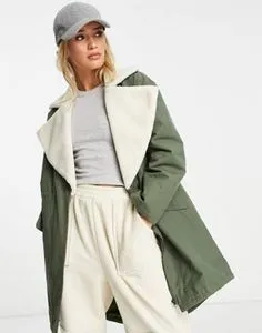 ASOS DESIGN quilt lined parka coat with borg collar in olive offers at S$ 30.5 in asos