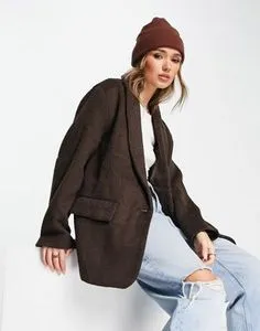 ASOS DESIGN smart oversized grandad wool mix blazer jacket in chocolate offers at S$ 36 in asos