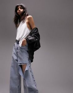 Topshop oversized Mom jeans with rip in bleach offers at S$ 15.5 in asos